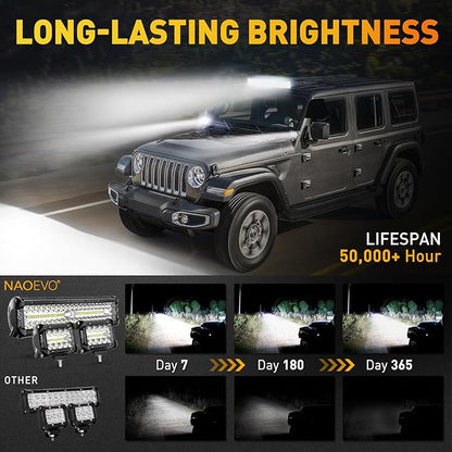 NAOEVO 12Inch LED Light Bar and 2PCS 4Inch LED Pod Lights, 420W 42000LM LED Fog/Driving/Off Road Lights Bar, Spot Flood Combo LED Light Bar with Wiring Harness Kit-3 Lead for Truck ATV Boat