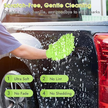3 Pack Chenille Microfiber Car Wash Mitt, 7" x 9.6" Car Washing Mitts, Home Dusting Gloves, Scratch Free Lint-Free, Highly Absorbent, Double Sided, for Cleaning Detailing Polish (Green)