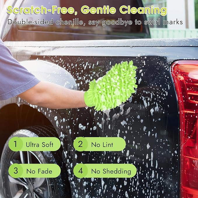 3 Pack Chenille Microfiber Car Wash Mitt, 7" x 9.6" Car Washing Mitts, Home Dusting Gloves, Scratch Free Lint-Free, Highly Absorbent, Double Sided, for Cleaning Detailing Polish (Blue,Green,Grey)