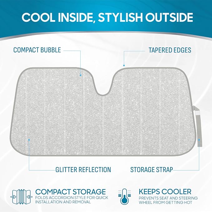 BDK Silver Glitter Car Windshield Sun Shade - Car Sun Visor Sun Shade for Windshield - Window Shades for SUV & Truck - Dash Cover Sun Protection Window Shade Accessories - 57" x 27"