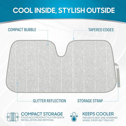 BDK Silver Glitter Car Windshield Sun Shade - Car Sun Visor Sun Shade for Windshield - Window Shades for SUV & Truck - Dash Cover Sun Protection Window Shade Accessories - 57" x 27"