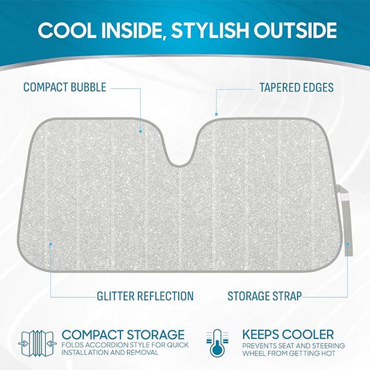 BDK Silver Glitter Car Windshield Sun Shade - Car Sun Visor Sun Shade for Windshield - Window Shades for SUV & Truck - Dash Cover Sun Protection Window Shade Accessories - 57" x 27"
