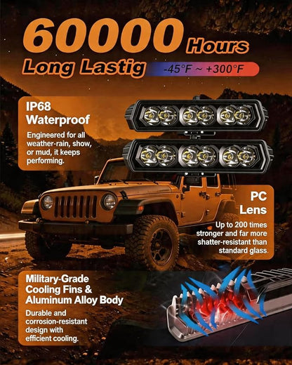 LED Light Bar 6 Inch Roof Bumper Lamp Offroad for 4x4 Trucks SUV ATV UTV | 2PCS 120W Spot Beam IP68 Waterproof Single Row Driving Lights Backup Lighting with Wiring Harness Kit Slim Light Pods