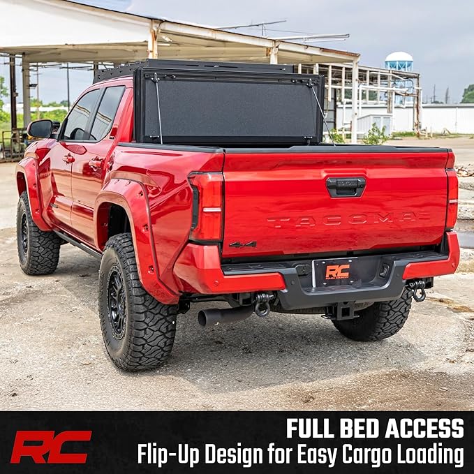 Rough Country Hard Tri-Fold Flip Up Tonneau Cover for Toyota Tacoma (2024-2026) - Flush Aluminum Bed Cover, Fits 5' Bed w/Utility Rail System