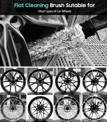 YeewayVeh 3PCS Wheel Cleaning Brush, Microfiber Flat Wheel Rim Cleaner Brush with 2 Extra Replaceable Cover, Car Cleaning Brush Kit for Wheels Tire Fenders Engine Exhaust Tips, Black&White