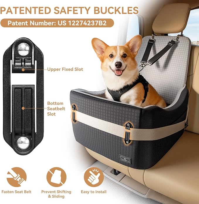 PETSFIT Dog Car Seat for Small/Medium Dogs Up to 35 lbs – Patented Safety System, 5" Memory Foam Pet Booster Car Seat, Fully Detachable and Washable Dog Carseat with 2 Storage Pockets (Black & Grey)