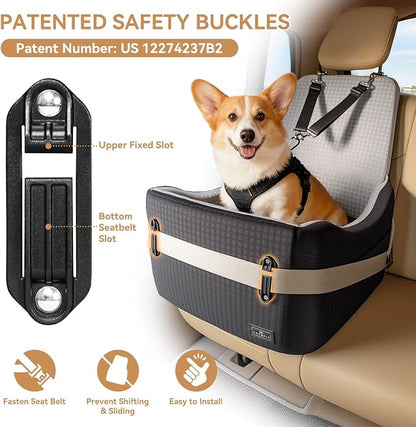 PETSFIT Dog Car Seat for Small/Medium Dogs Up to 35 lbs – Patented Safety System, 5" Memory Foam Pet Booster Car Seat, Fully Detachable and Washable Dog Carseat with 2 Storage Pockets (Black & Grey)