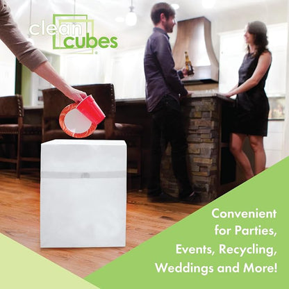 Clean Cubes 13 Gallon Disposable Pop-Up Trash Cans (6-Pack) with Fitted Bags – Foldable Garbage & Recycling Bins for Parties, Events & Kitchen (White, 17" H x 13.5" W x 10" D)