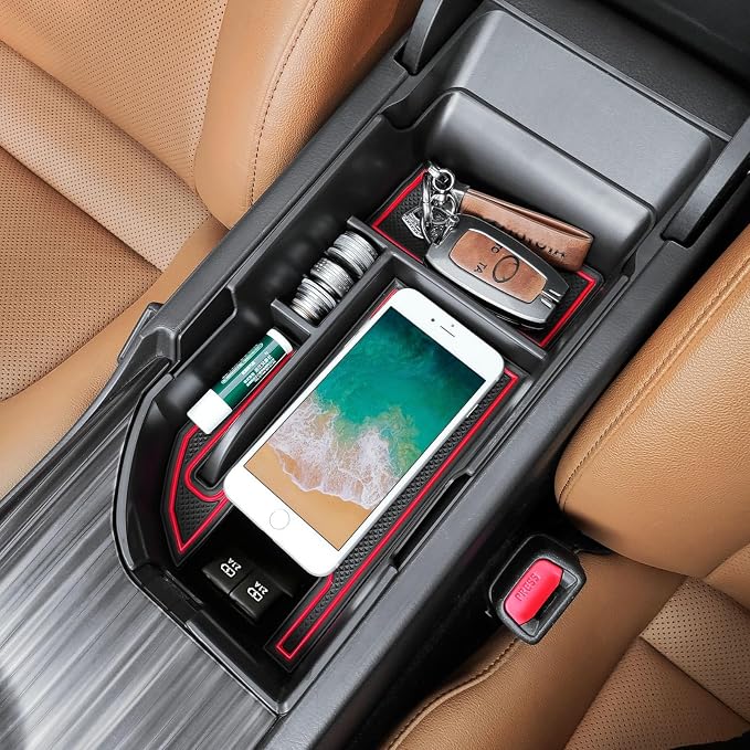 TACORBO Center Console Organizer Compatible with Toyota Camry XLE/XSE 2018-2024 and Camry LE/SE 2020-2024 Accessories, Hybrid Armrest Insert Tray, (not for 9th), Red Trim