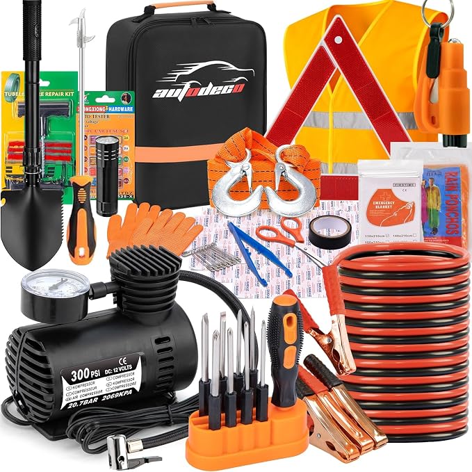 Car Emergency Roadside Assistance Kit with Jumper Cables Tire Inflator Automotive Kit for Car Vehicle（Orange）