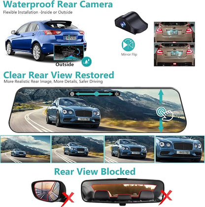 12'' 4K Rear View Mirror Camera,4K+2.5k Front and Rear Mirror Dash Cam,ADAS BSD LCA Smart Rearview Mirror for Cars,App WiFi,Night Vision, Parking Monitor, 64GB Card & GPS Digital View Mirror Dashcam