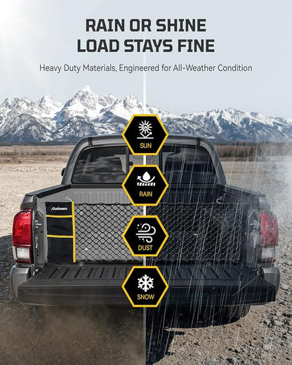 AUTOWN Truck Bed Cargo Net, Envelope Style Bed Netting for 2005-2025 Toyota Tacoma, Pickup Truck Bed Organizer with Upgraded 5mm Bungee & Integrated Storage Bag & Eyebolts & Carabiners