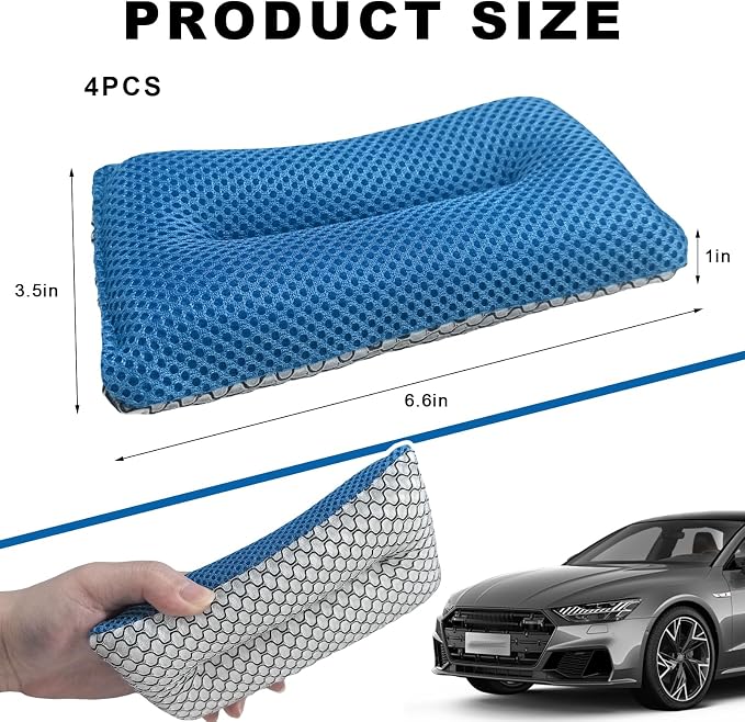 4 PCS Two-Sided Car Wash Sponge, Non-Scratch Microfiber Sponge Pad Soft Mesh Scrubber, Washable Foam Scrub Pads Absorbent Applicator for Cleaning Detailing, Car Accessories (4 PCS)