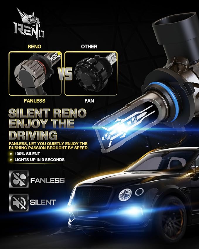 RENO 9005 9006 Bulb Combo, 9006 9005 Fog Bulbs Fanless 6500K 800% Brighter HB4 9006/HB3 9005 Light Bulbs Auxiliary Fog 52000LM Plug and Play, 4 Pack