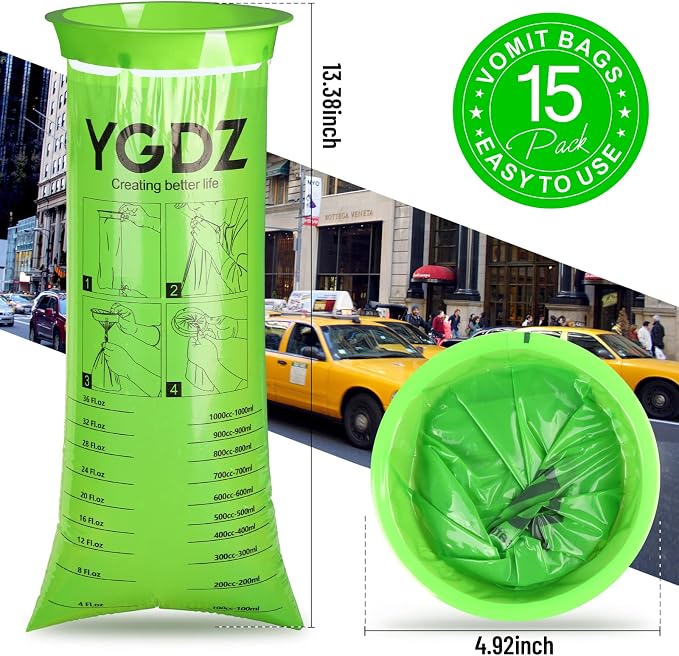 YGDZ Vomit Bags Disposable, 15 Pack Vomit Bags, 1000ml Barf Bags, Emesis Bags Disposable, Portable Throw Up Bags, Puke Bags for Car & Aircraft, Travel Motion Sickness, Taxi, for Kids, Adults, Green
