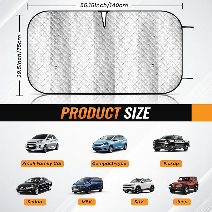 Windshield Sun Shade Car Sun Shade, Folding Car Shades for Front Windows, Blocks UV Rays Sun Visor Protector for Truck SUV Van, Keeps Vehicle Cool - Silver (55" x 29.5")