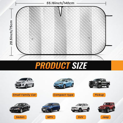 Windshield Sun Shade Car Sun Shade, Folding Car Shades for Front Windows, Blocks UV Rays Sun Visor Protector for Truck SUV Van, Keeps Vehicle Cool - Silver (55" x 29.5")