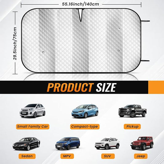 Windshield Sun Shade Car Sun Shade, Folding Car Shades for Front Windows, Blocks UV Rays Sun Visor Protector for Truck SUV Van, Keeps Vehicle Cool - Silver (55" x 29.5")