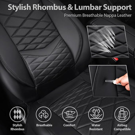CAR PASS Luxury Nappa Leather Front Seat Covers, Waterproof 3D Foam Seat Covers with Lumbar Support, Breathable Auto Seat Cover Airbag Compatible Universal Fit for Sedan SUV Van Truck, All Black