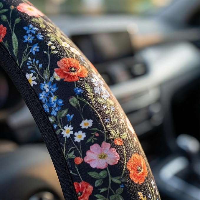 Wildflower Car Steering Wheel Cover + 2 Pieces Car Coasters 15 Inch | Multicolor Wildflower Steering Wheel Cover Anti-Slip Breathable Universal for Suitable for Men Women