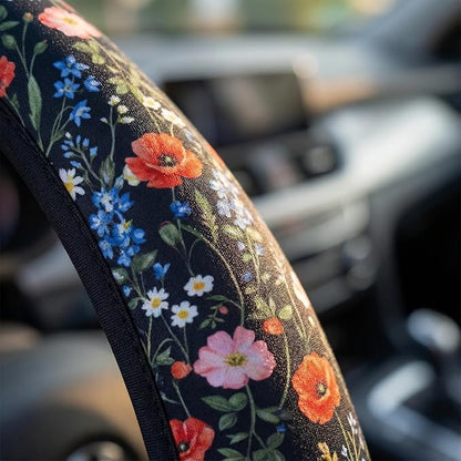 Wildflower Car Steering Wheel Cover + 2 Pieces Car Coasters 15 Inch | Multicolor Wildflower Steering Wheel Cover Anti-Slip Breathable Universal for Suitable for Men Women