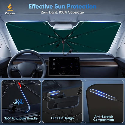EcoNour Premium Umbrella Windshield Sun Shade for Car | Foldable UV Blocker Front Windshield Sunshade | Umbrella Shade Accessories with Storage Pouch | Full Size SUVs &MPV| Large - 61"x35"