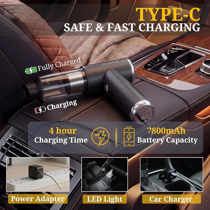 Car Vacuum Portable Cordless 20000Pa Powerful Handheld, Mini, Hoover Cleaner, 3 Speed Suction, Easy Empty, Rechargeable 7800mAh, Blower Inflator Deflator, Car Cleaning Kit