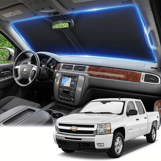 Windshield Sun Shade for Chevy Silverado 1500 2007-2013 Sunshade Front Window Shade Custom Fit Silverado 1500 Accessories Sun Visor Foldable Shade Blocks UV Rays Accessories