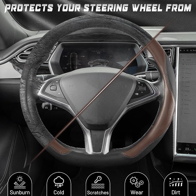 SEG Direct D Shaped Steering Wheel Cover, Flat Bottom Car Wheel Cover 14 1/2-15 in. (37-39 cm), Black and Mocha Brown Microfiber Leather