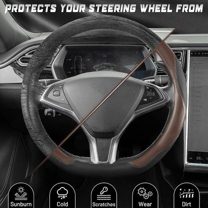 SEG Direct D Shaped Steering Wheel Cover, Flat Bottom Car Wheel Cover 14 1/2-15 in. (37-39 cm), Black and Mocha Brown Microfiber Leather
