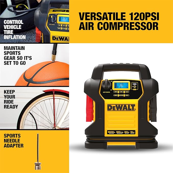 DEWALT DXAEJ14 Digital Portable Power Station Jump Starter - 1600 Peak Amps with 120 PSI Compressor for Tires, Sports Equipment & Bikes, 15W USB-A and 25W USB-C Power