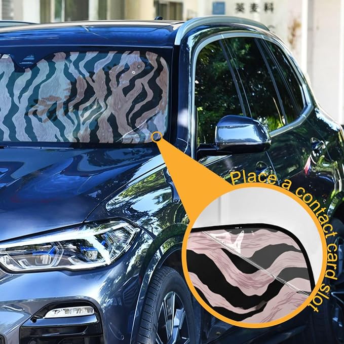Windshield Sun Shade Rose Gold Black Zebra Print Front Window Block UV Shades Visor Reflective Retractable for Car SUV Trucks