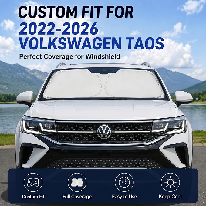 Custom Fit Windshield Sun Shade for Volkswagen VW Taos 2022-2026 | Custom Fit Windshield Cover, Blocks UV Rays, Double-Layer Heat Shield, Durable Frame, Easy Fold & Storage