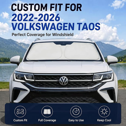 Custom Fit Windshield Sun Shade for Volkswagen VW Taos 2022-2026 | Custom Fit Windshield Cover, Blocks UV Rays, Double-Layer Heat Shield, Durable Frame, Easy Fold & Storage
