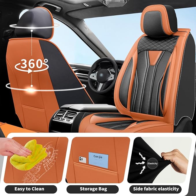 Car Seat Covers Fit for Jeep 5 Seats Wagoneer 2022-2025 2026 - Premium Leather, Waterproof & Breathable，All-Weather Seat Cushion Protecto & Airbag Compatible, Full Set Orange & Black