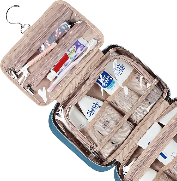 NISHEL Travel Toiletry Bag for women, Portable Hanging Organizer for Travel-Sized Shampoo, Conditioner, Brushes Set, Makeup Accessories, Medium Size, Lake-Blue