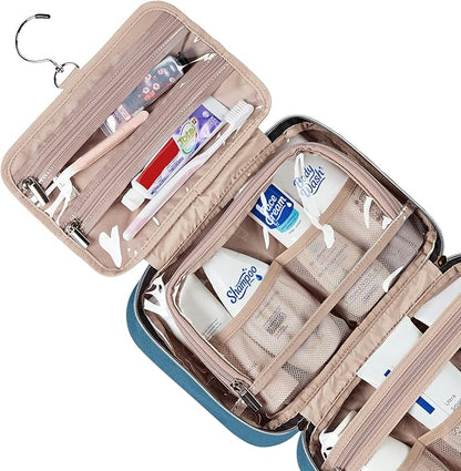 NISHEL Travel Toiletry Bag for women, Portable Hanging Organizer for Travel-Sized Shampoo, Conditioner, Brushes Set, Makeup Accessories, Medium Size, Lake-Blue