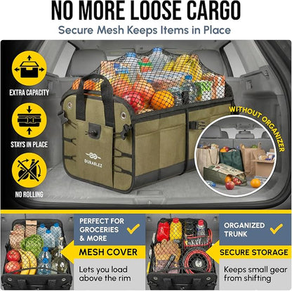 Heavy Duty 3-Section Trunk Organizer – Extra Large Collapsible & Foldable Cargo Box, Modular Car Storage System for SUV, Truck, Van – Green