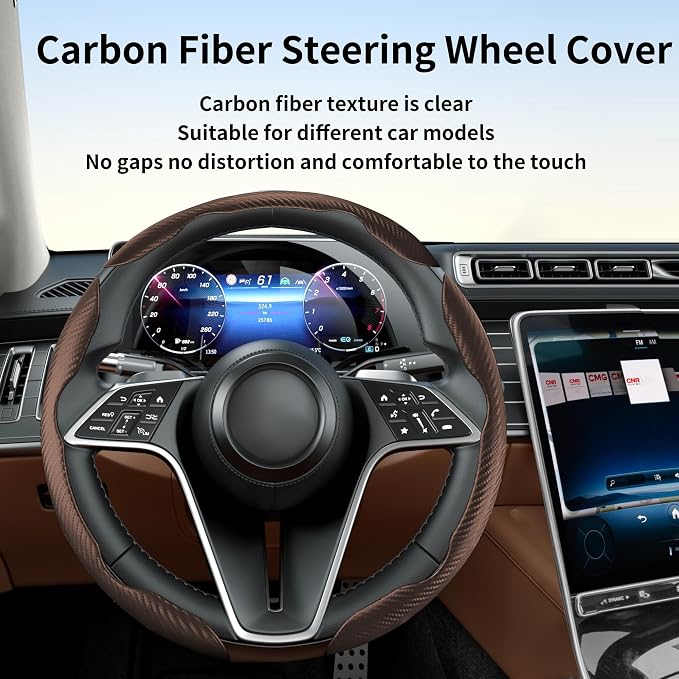 Carbon Fiber Steering Wheel Cover, 3-Piece Set Anti-Skid Comfortable Grip Segmented Butterfly Design, Easy Snap-On Installation Universal Fit 99% Cars, Brown