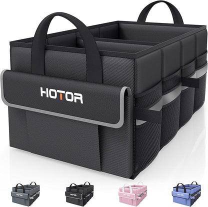 HOTOR Trunk Organizer - Car Organizer with 5 Pockets, Trunk organizer for SUV, Sedan & Van, Car Organization with Sturdy Base Panel for Car Accessories, Black, 2 Compartments, 23.6"×14.2"×10.6"