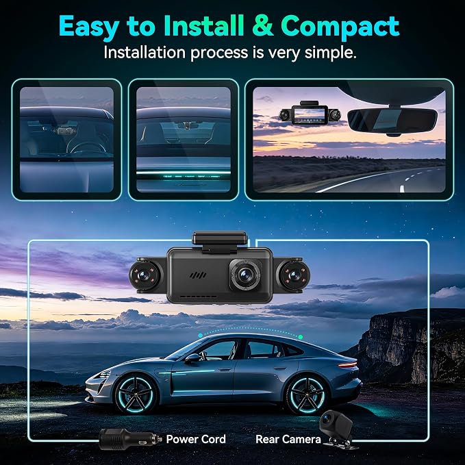 360°View 4 Channel Dash Cam, 5'' IPS Large Screen Dash Camera for Cars, 4K+1080P Front and Rear Inside Left Right, Built-in IR Night Vision, 24H Parking Mode, 64GB SD Card, Wireless APP Transmission