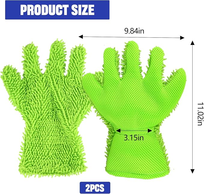 2PCS Car Wash Mitt, 5 Finger Chenille Microfiber Cleaning Mitt for Cars, Scratch-Free Auto Washing Gloves, Car Interior Exterior Cleaning Gloves, Great for Hard-to-Reach Areas (Green)