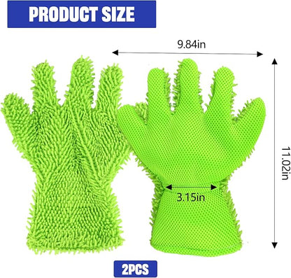 2PCS Car Wash Mitt, 5 Finger Chenille Microfiber Cleaning Mitt for Cars, Scratch-Free Auto Washing Gloves, Car Interior Exterior Cleaning Gloves, Great for Hard-to-Reach Areas (Green)