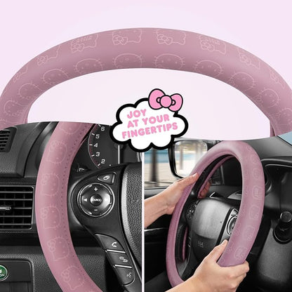 Sanrio Hello Kitty Pink Car Steering Wheel Cover, Universal Fit Cute Car Accessories for Women Stylish Decor Gifts Hello Kitty Accessories - Fits Standard Wheels 14.5"-15"