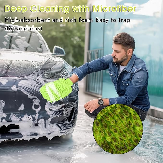 3 Pack Chenille Microfiber Car Wash Mitt, 7" x 9.6" Car Washing Mitts, Home Dusting Gloves, Scratch Free Lint-Free, Highly Absorbent, Double Sided, for Cleaning Detailing Polish (Green)