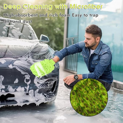 3 Pack Chenille Microfiber Car Wash Mitt, 7" x 9.6" Car Washing Mitts, Home Dusting Gloves, Scratch Free Lint-Free, Highly Absorbent, Double Sided, for Cleaning Detailing Polish (Green)