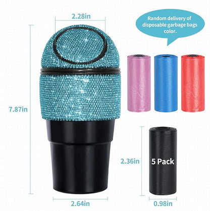 eing Car Trash Can Bling Crystal Auto Mini Trash Bin for Car Office Home Women,Car Cup Holder Garbage Can with Lid,Blue