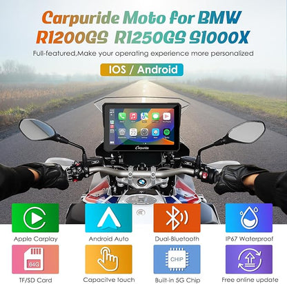 Carpuride W702B Motorcycle Carplay Screen for BMW R1200GS R1250GS S1000XR Motorcycle, 7 inch Waterproof Touchscreen, Portable Carplay/Android Auto GPS Navigation for Motorbike, Dual Bluetooth