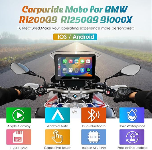 Carpuride W702B Motorcycle Carplay Screen for BMW R1200GS R1250GS S1000XR Motorcycle, 7 inch Waterproof Touchscreen, Portable Carplay/Android Auto GPS Navigation for Motorbike, Dual Bluetooth