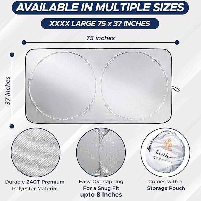 EcoNour Foldable Sunshade for Car Windshield | Dashboard Shield for Your Vehicle | Auto Window Shades for UV Rays and Sun Screen Protection | XXXX-Large (75 inches x 37 inches)